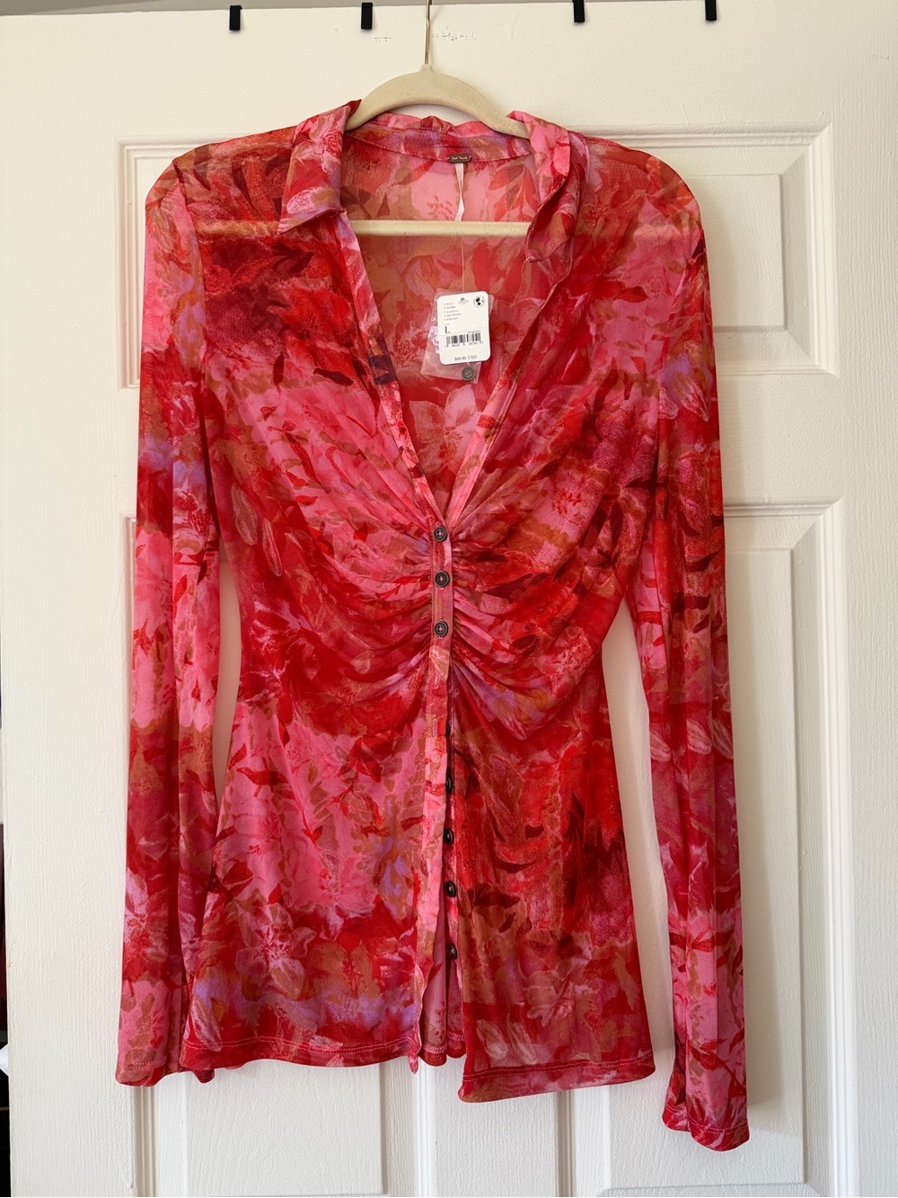 Free people Sheer Twist-Front Button Blouse in Red-Pink Floral